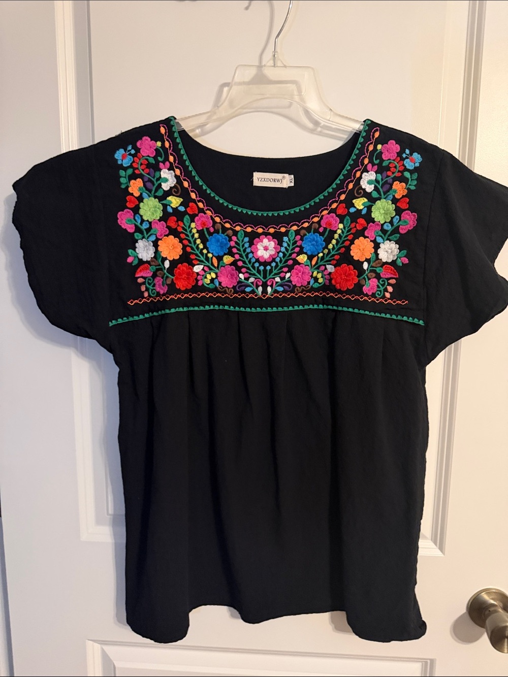 Black Embroidered Floral Peasant Top